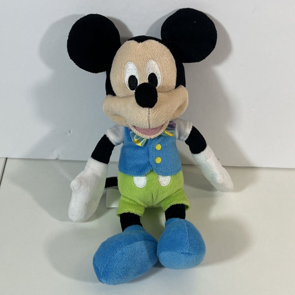 RARE DISNEY 10" MICKEY MOUSE PLUSH BEANIE STUFFED TOY BLUE & GREEN BOWTIE